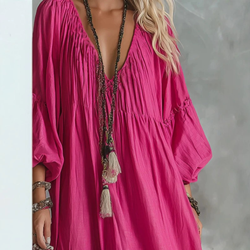 Boho V-Neck Rose Red Maxi Dress with Lantern Sleeves