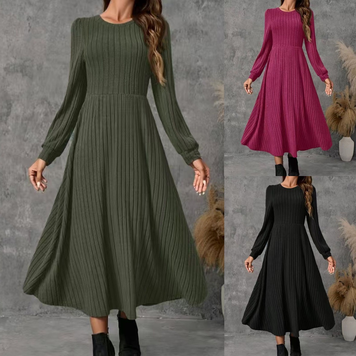 Women's Long Sleeve Crew Neck A-Line Knit Dress Solid Color