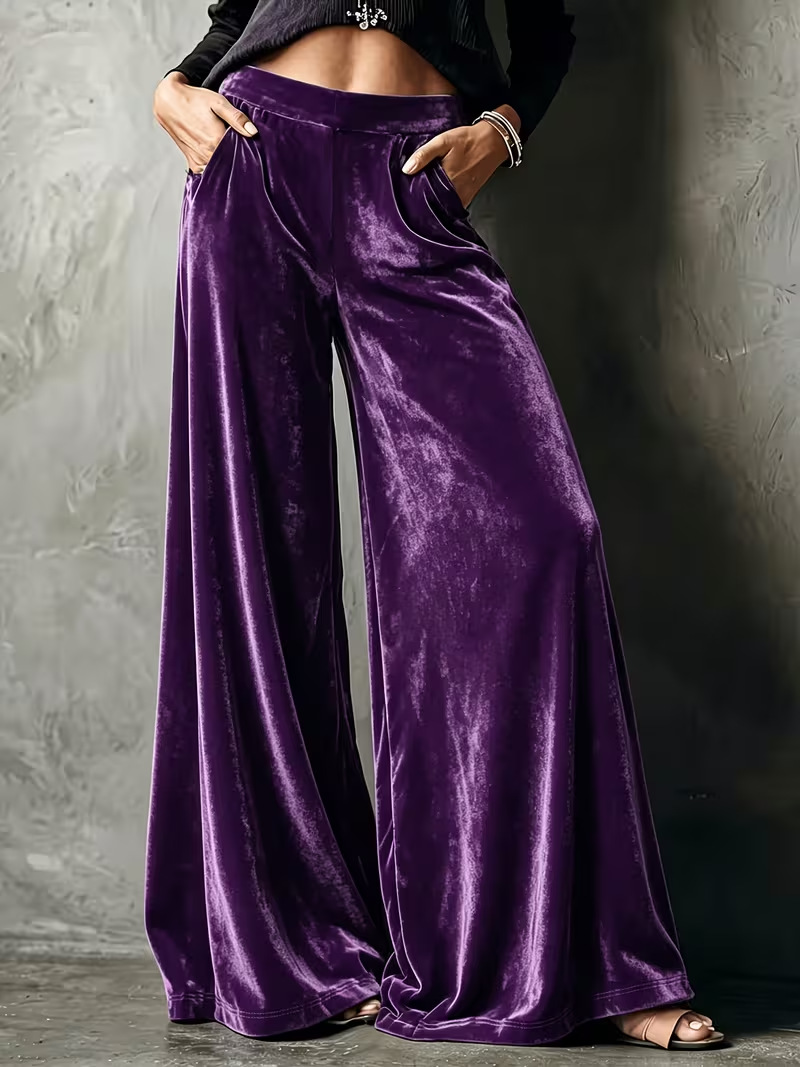 Solid Velvet High-Waist Wide-Leg Pants with Pockets