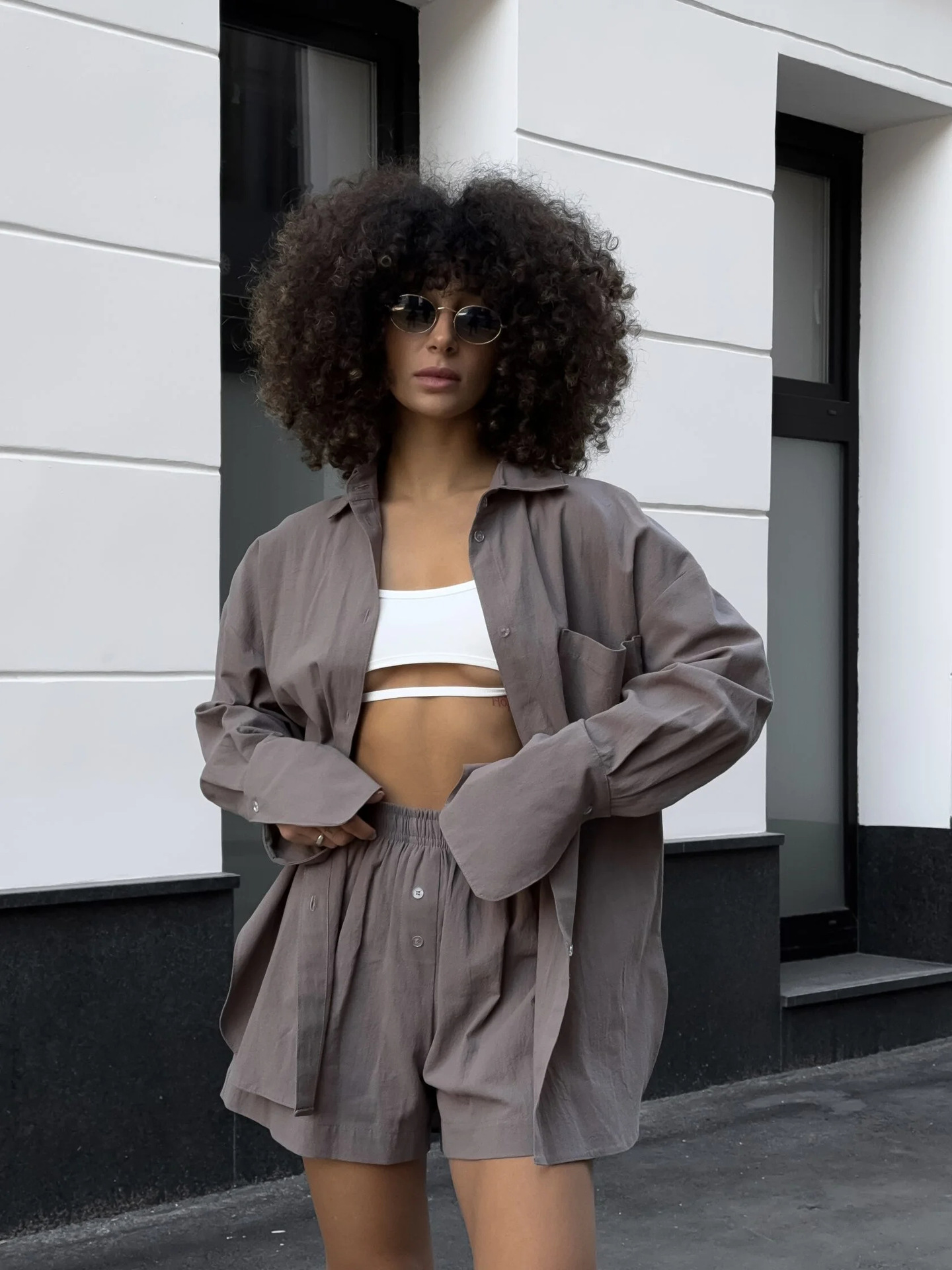 Women's Casual Solid Short Sleeve Shirt and Elastic Waist Shorts Two-Piece Set