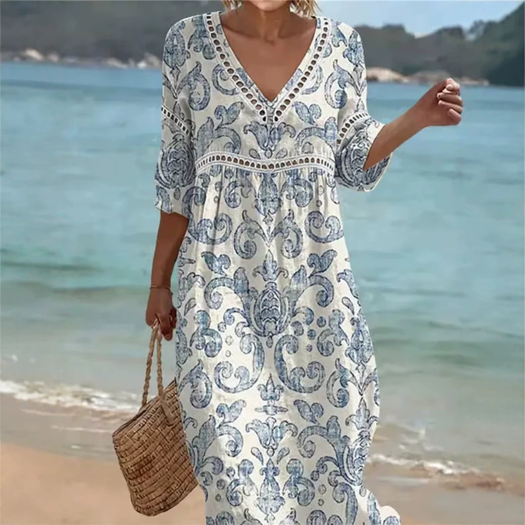 Women's Floral Print Pleated Midi Dress with Deep V-Neck and Five-Quarter Sleeves