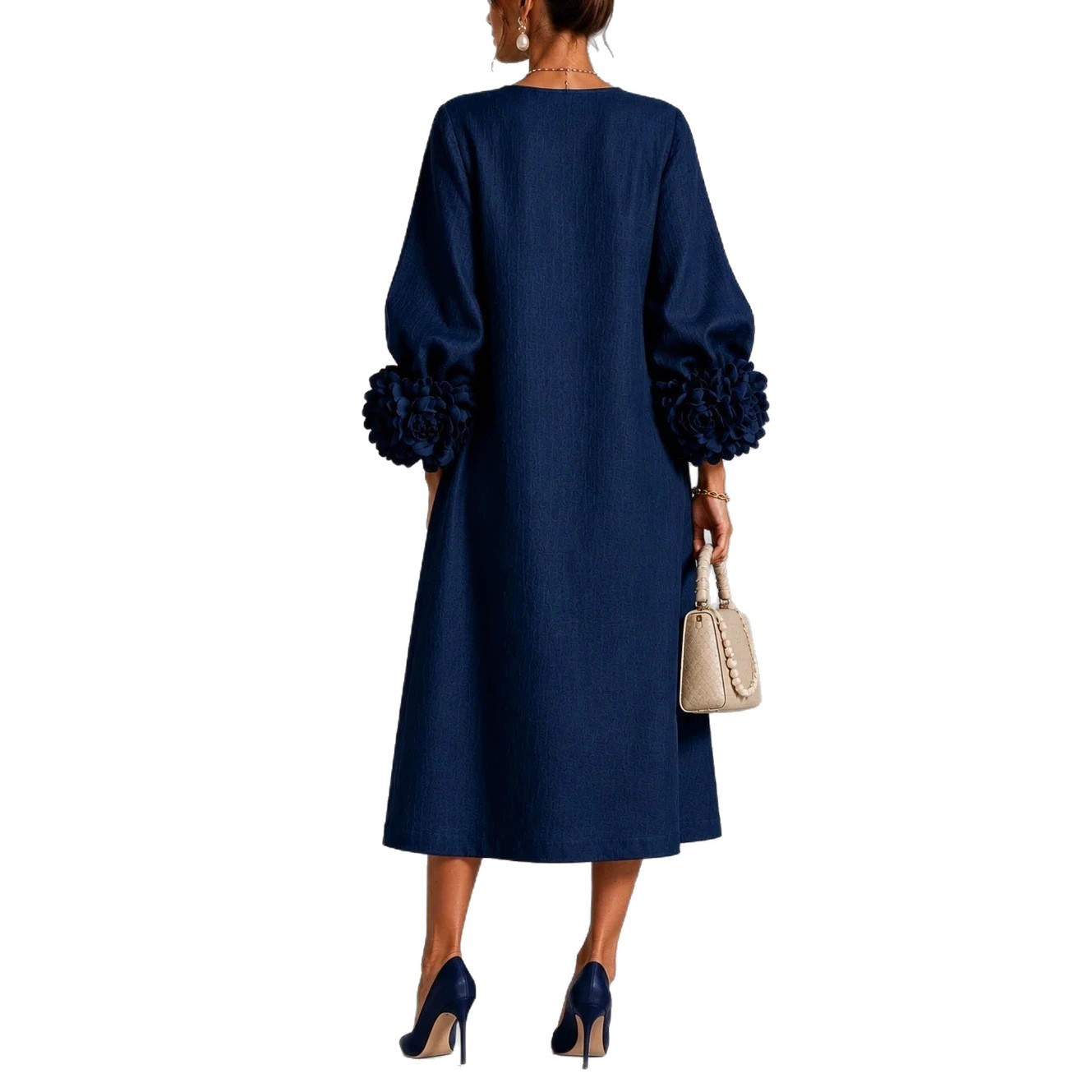 Women's French 3D Floral Lantern Sleeve A-Line Midi Dress