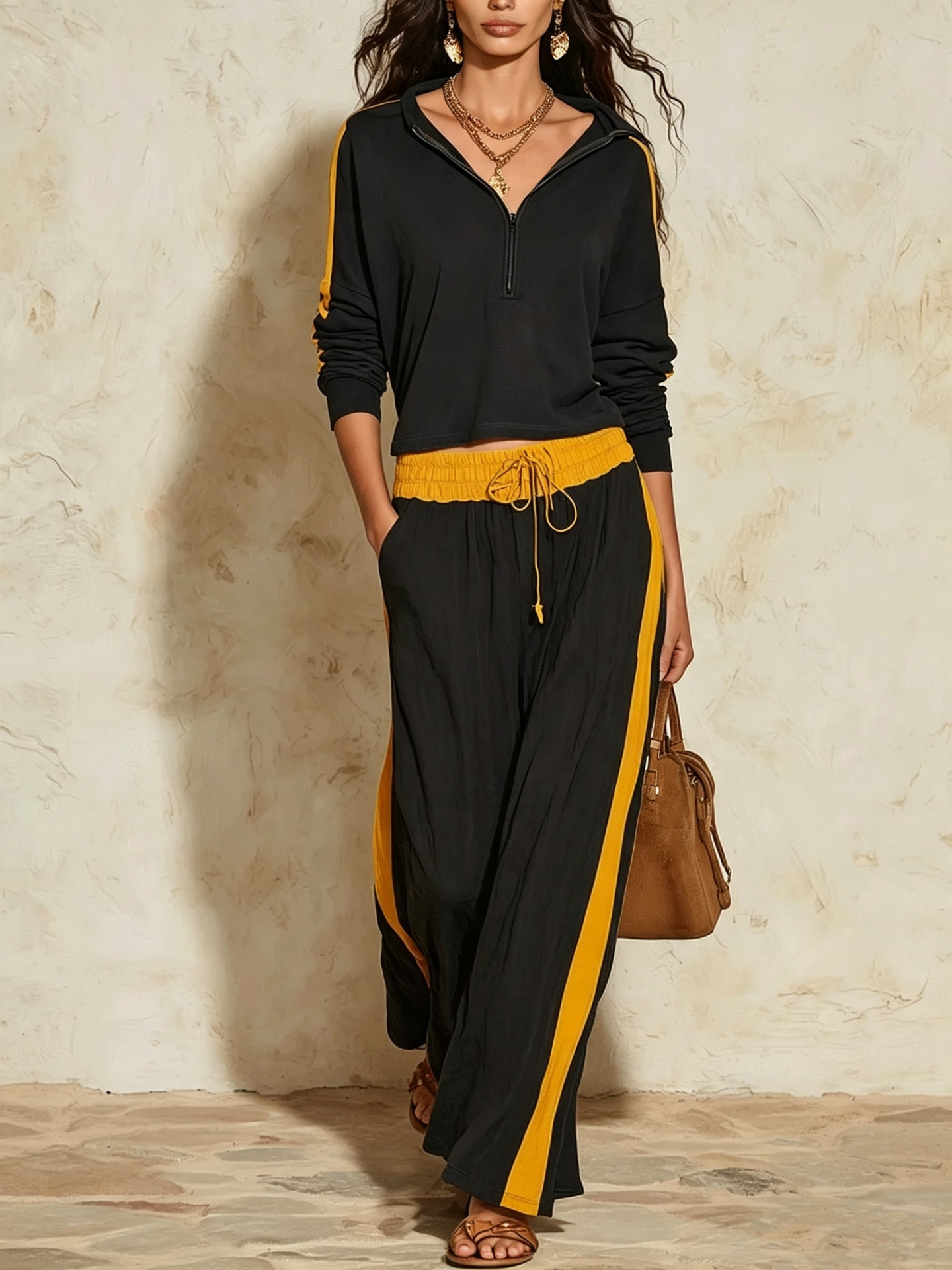 Color-Block Half-Zip Top & High-Waist Wide-Leg Pants Two-Piece Set