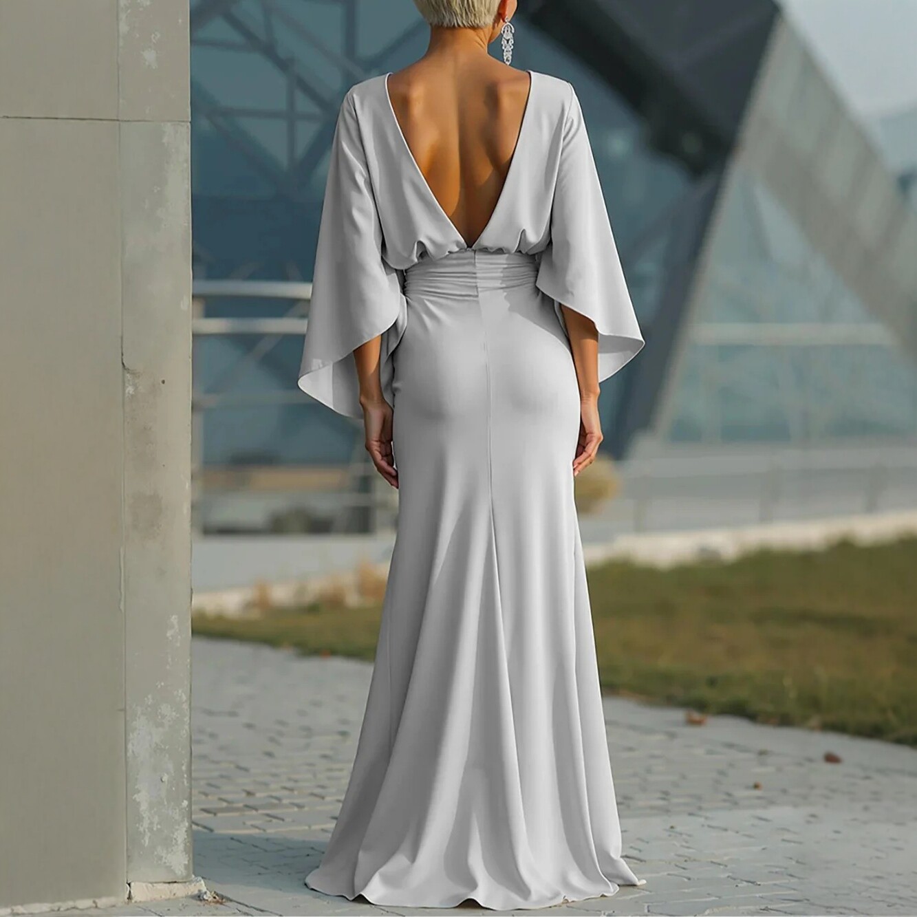 V-Neck Waist-Cinching Ruffle Mermaid Dress