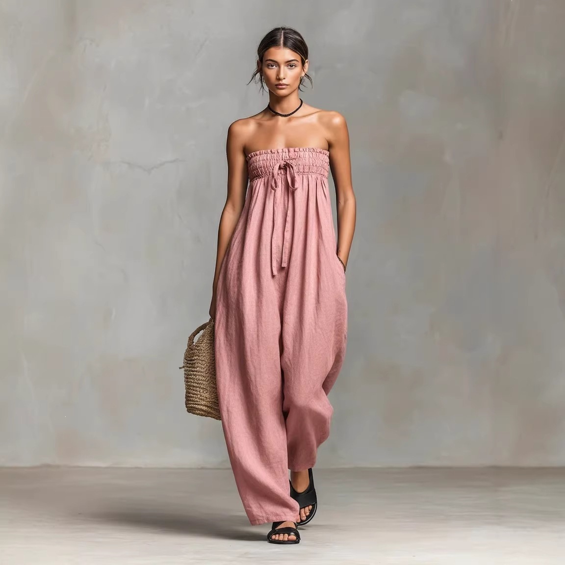Women's Cotton-Linen Blend Strapless Tube Jumpsuit with Straight-Leg Pants