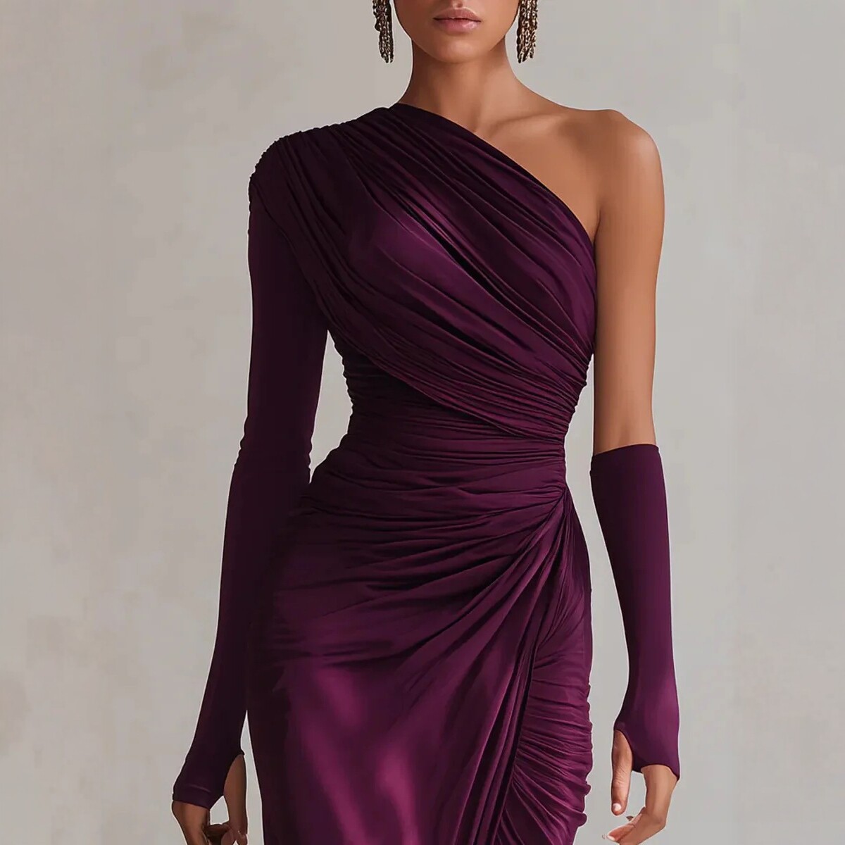 Purple Ruched One-Shoulder Long Sleeve Bodycon Maxi Dress