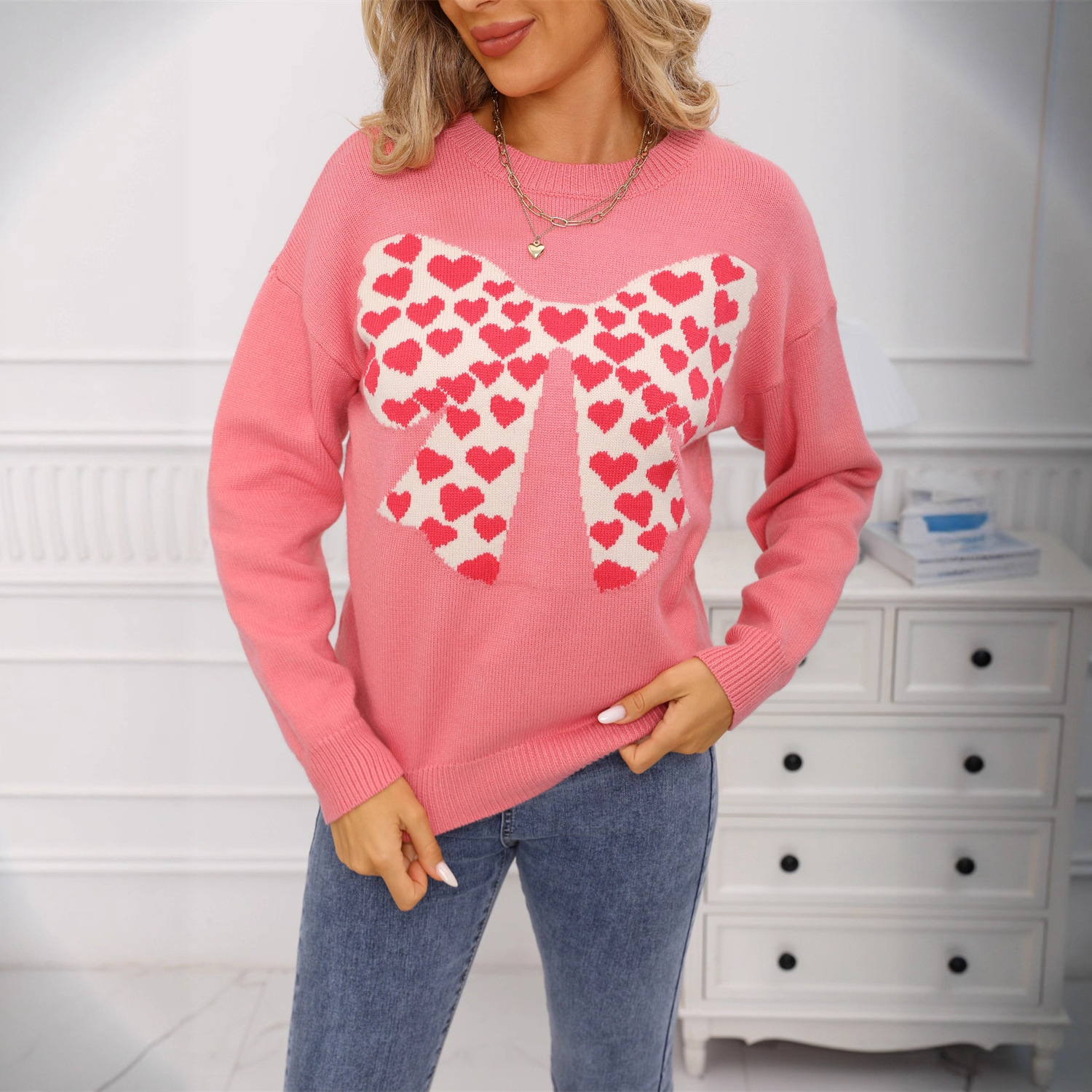 Women's Crewneck Long Sleeve Bow Heart Knit Sweater