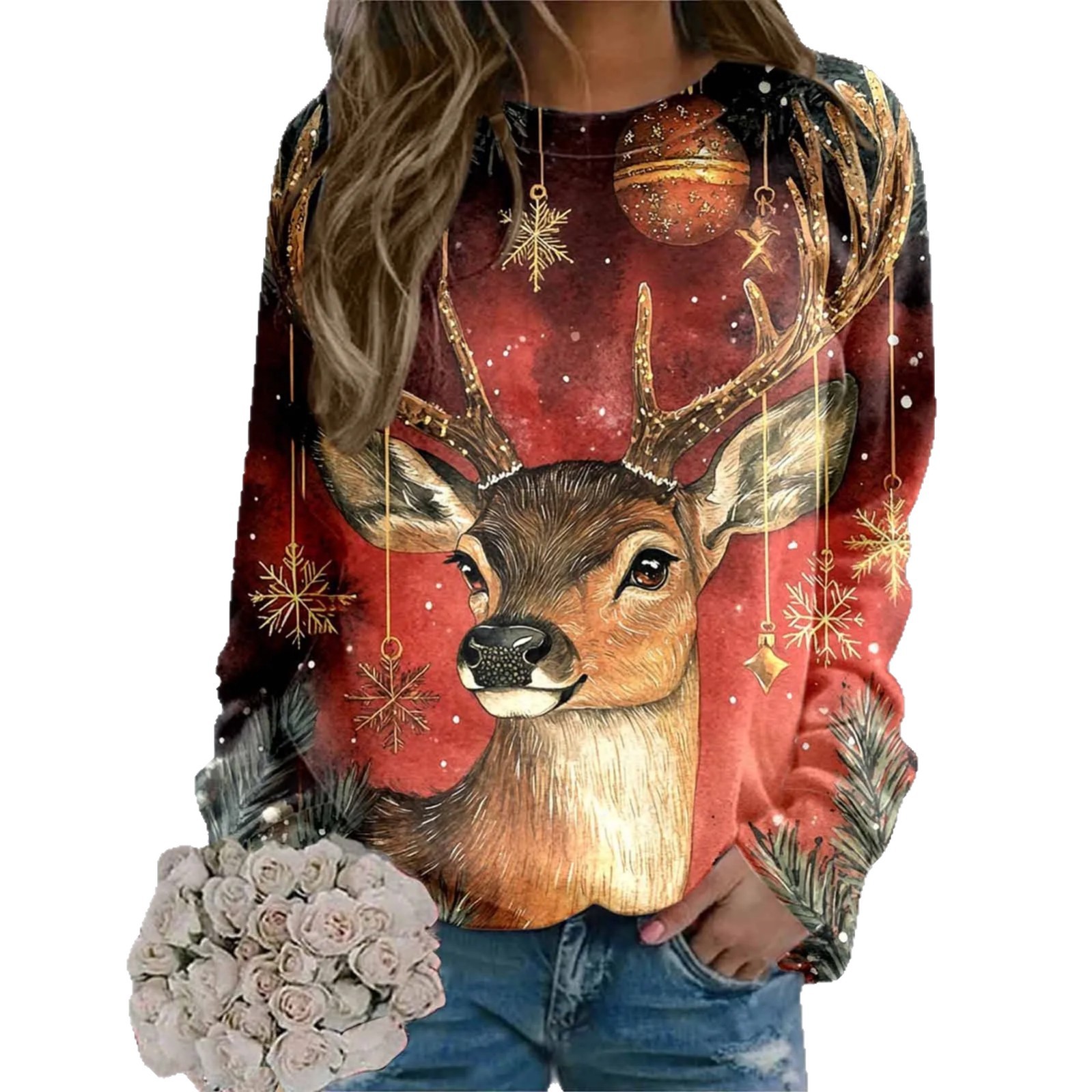 Women's Cartoon Animal Christmas Print Crewneck Sweatshirt
