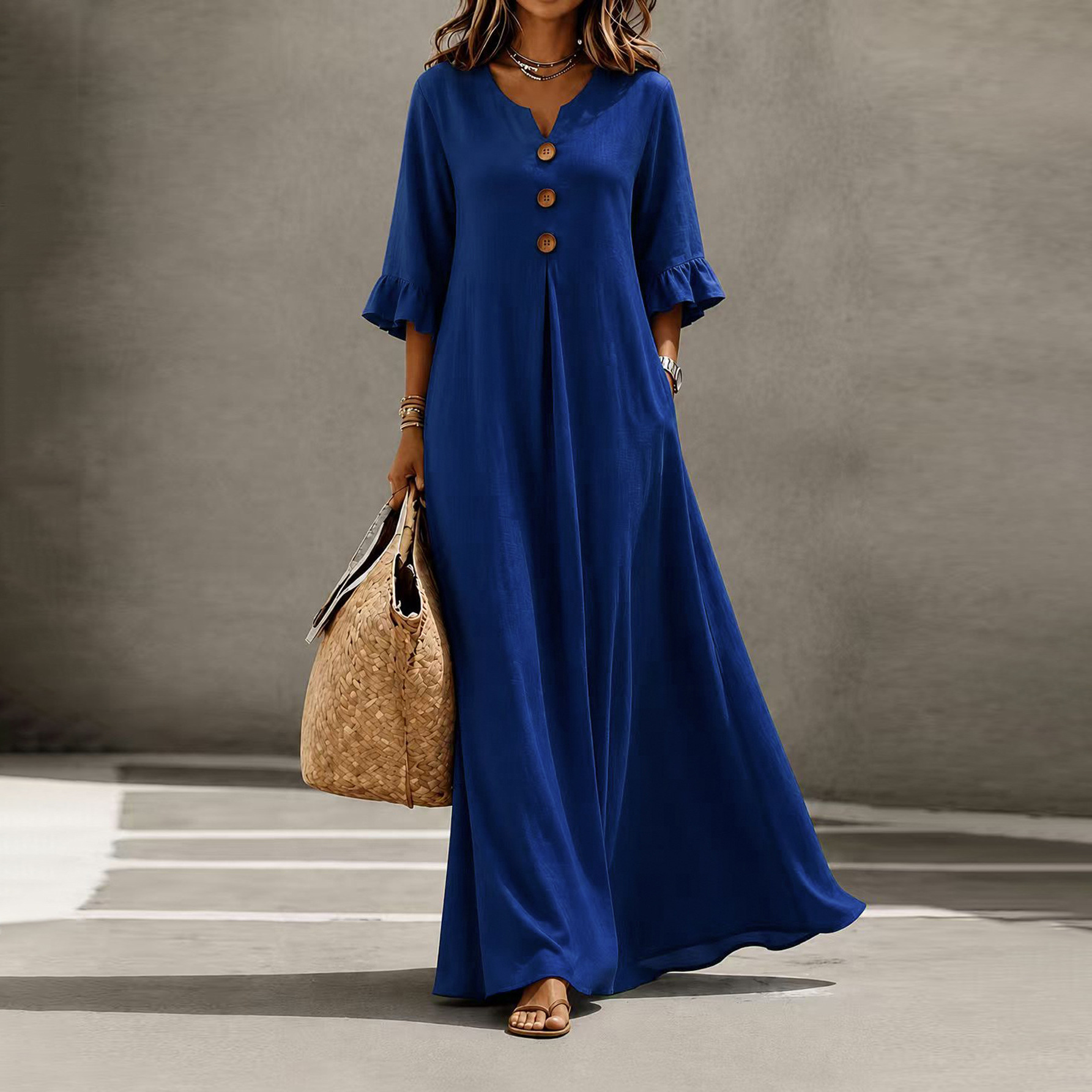 V-Neck Button Bubble Sleeve Loose Long Dress