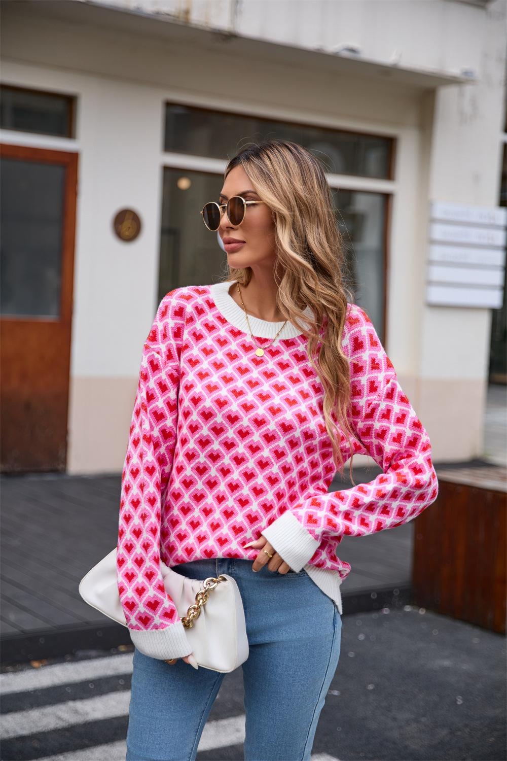 Women's Heart Jacquard Crewneck Pullover Sweater