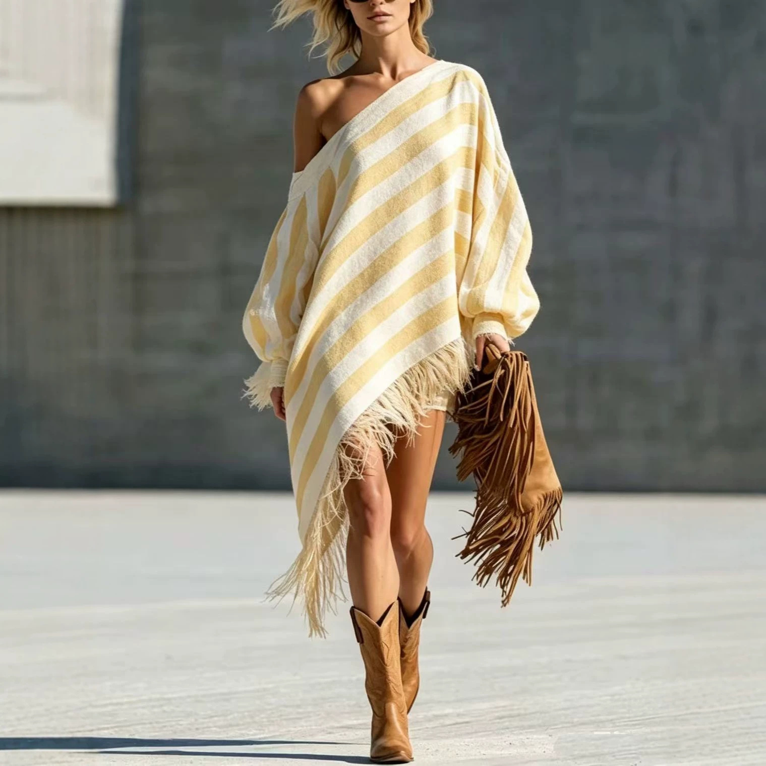 Retro One-Shoulder Striped Fringe Irregular Lantern Sleeve Loose Vacation Dress