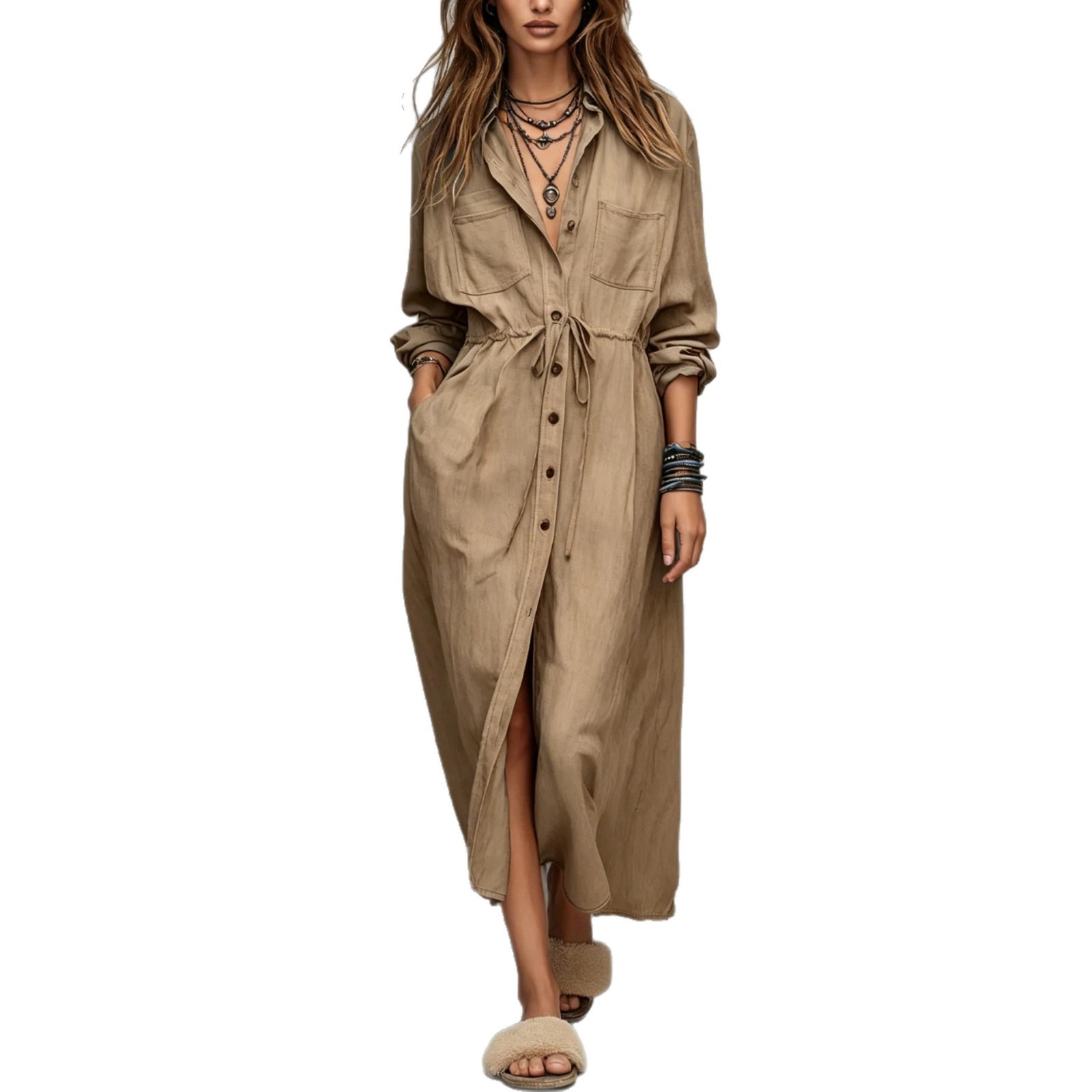 Drawstring Waist Shirt Dress Loose Fit Long Sleeve