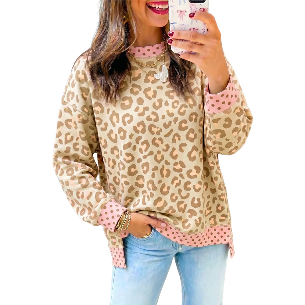 Women's Leopard Print Polka Dot Colorblock Loose Crewneck Sweatshirt