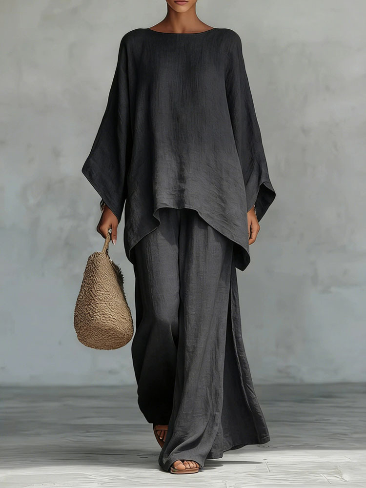 Women's Loose Linen-Blend Solid Shirt & Wide-Leg Pants Casual Set