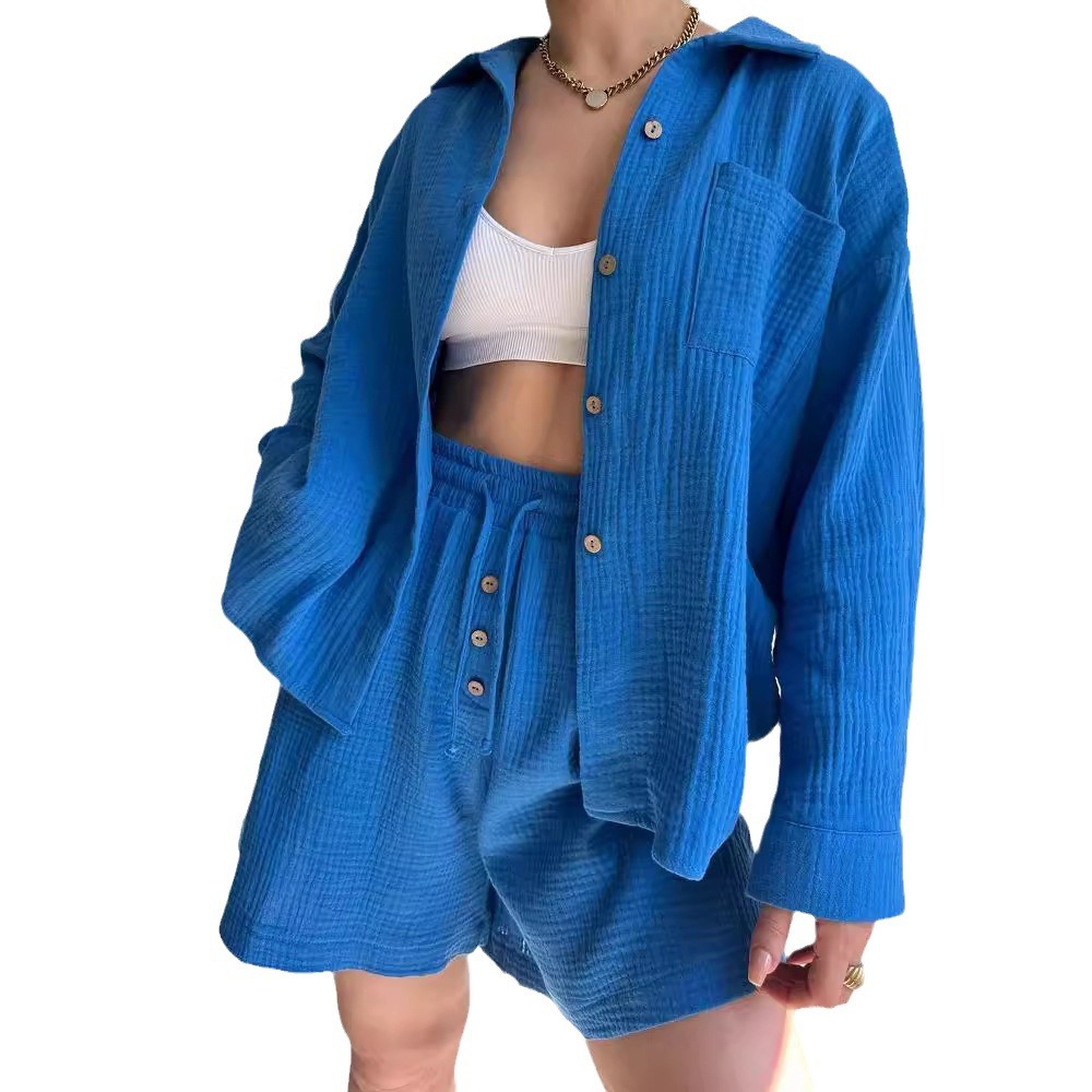 Women's Textured Collared Long Sleeve Shirt and Drawstring Shorts Set