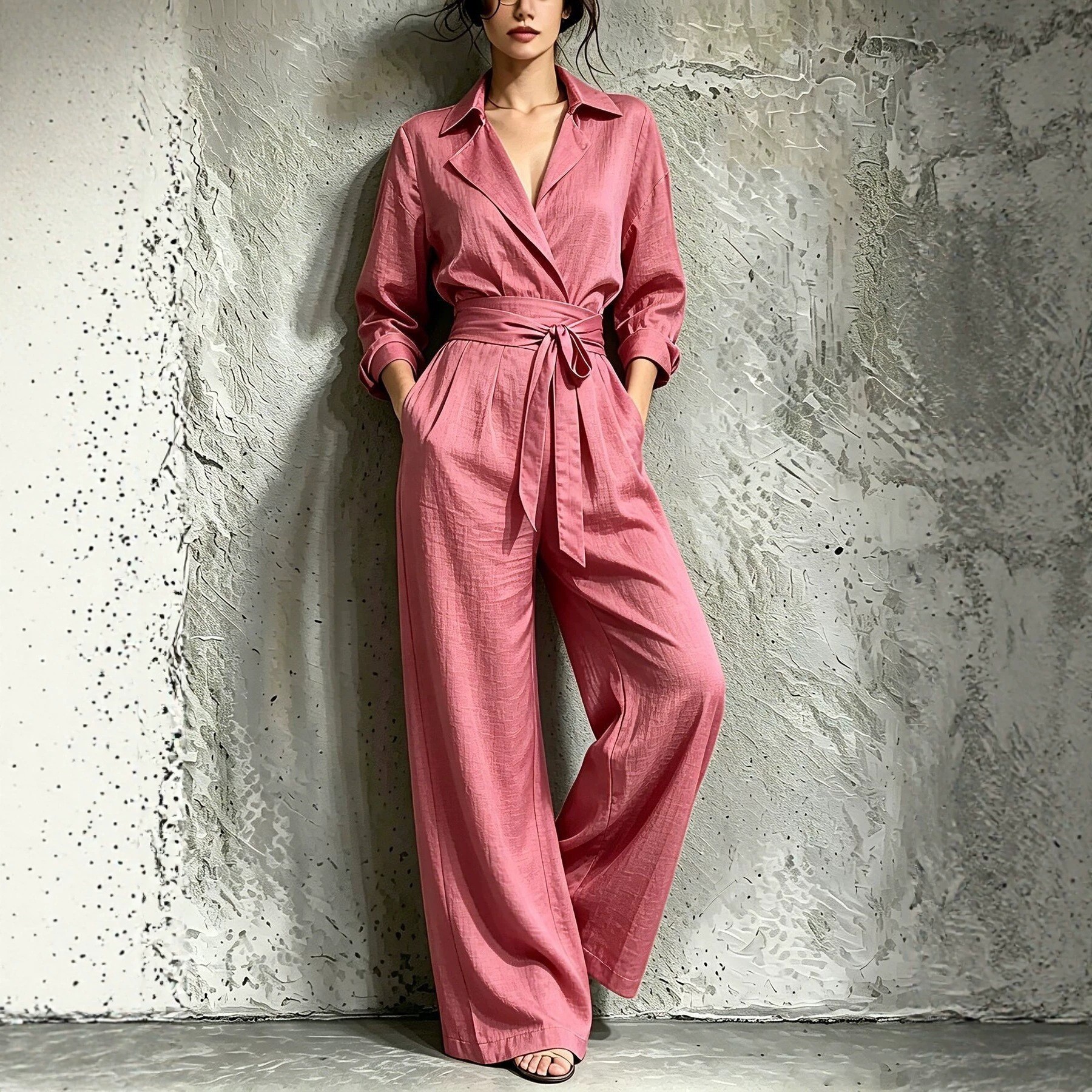 Solid V-Neck Long Sleeve Wide Leg Jumpsuit