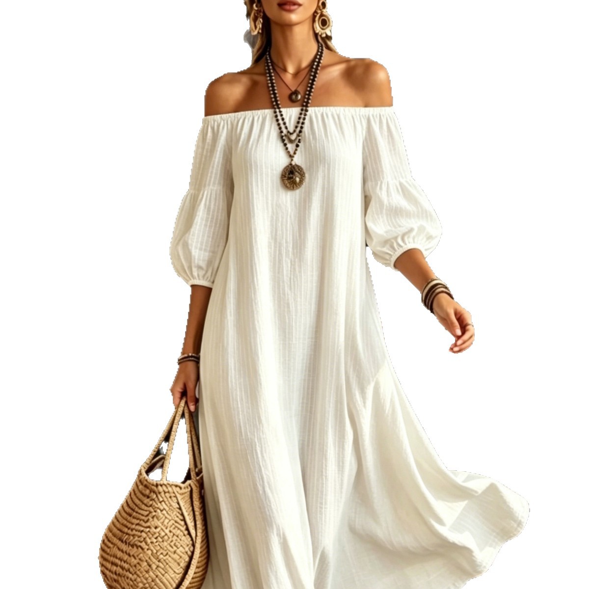 Off-Shoulder Puff Sleeve Textured Solid Color Dress Women Loose Flowy Vacation Beach Long Dress