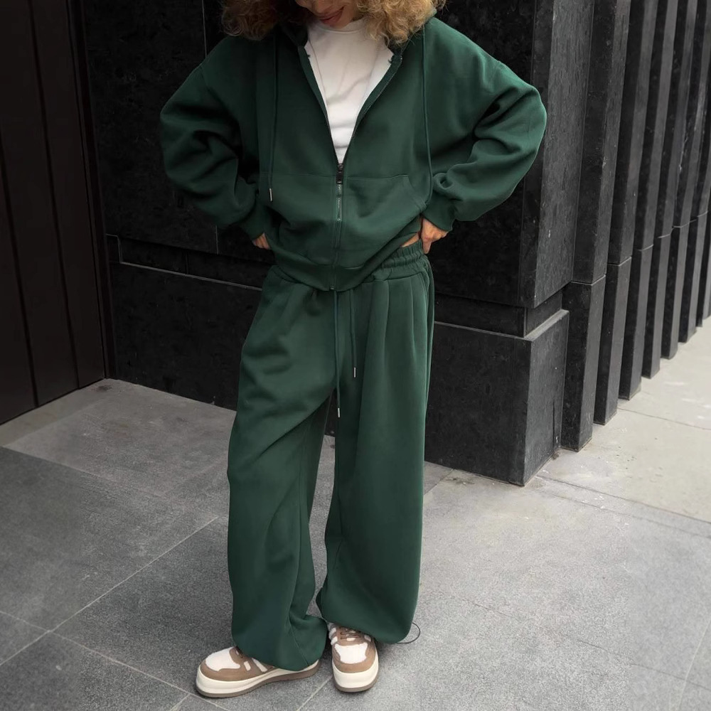 Women's Casual Long Sleeve Hooded Zip-Up Tracksuit Set with Pants