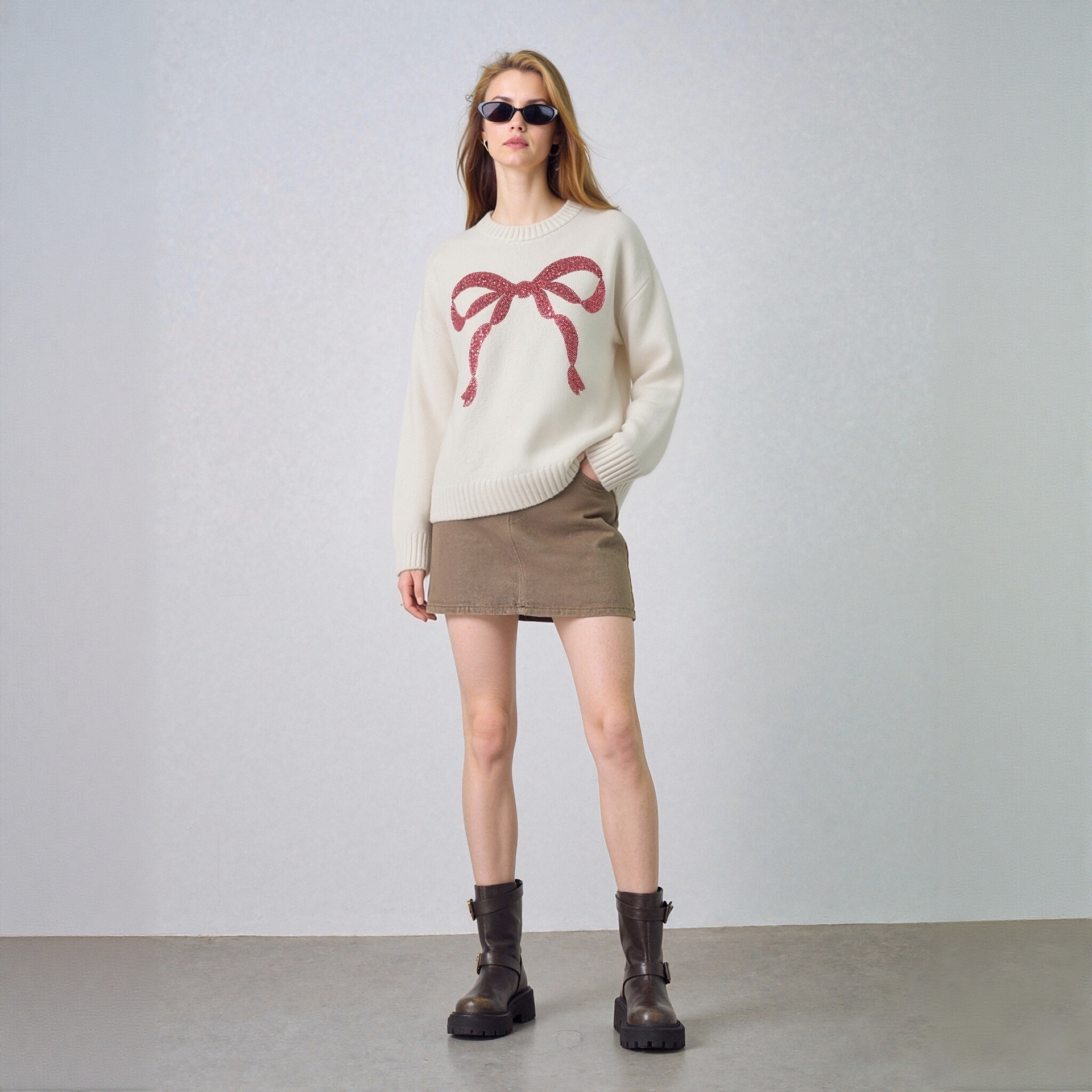 White Crewneck Sequin Bow Embroidered Christmas Sweater