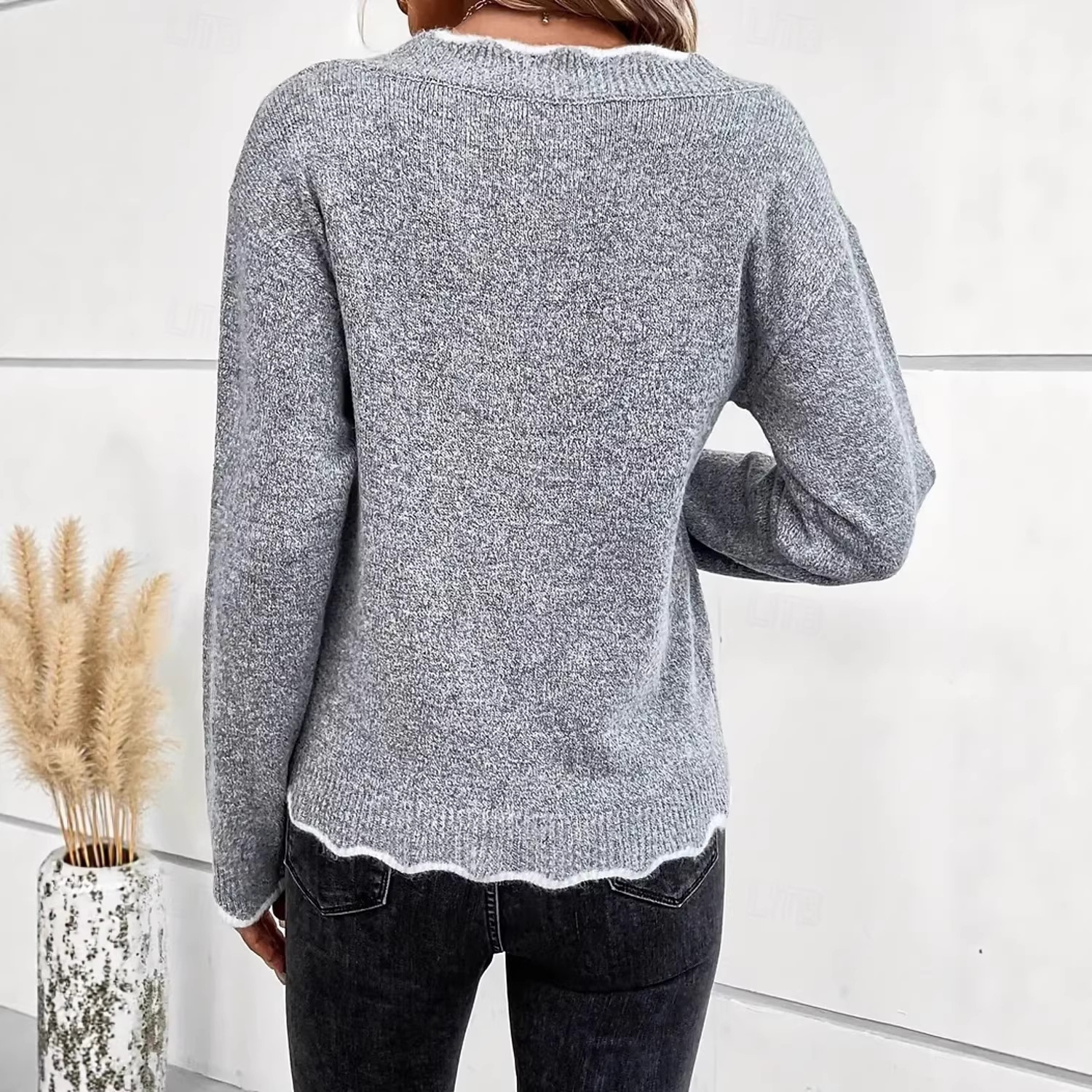 Women's Open-Knit Long-Sleeve Pullover Sweater, Loose Fit, Khaki/Gray