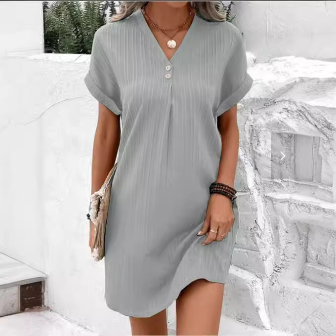 V-Neck Solid Button A-Line Midi Dress Short Sleeve Casual