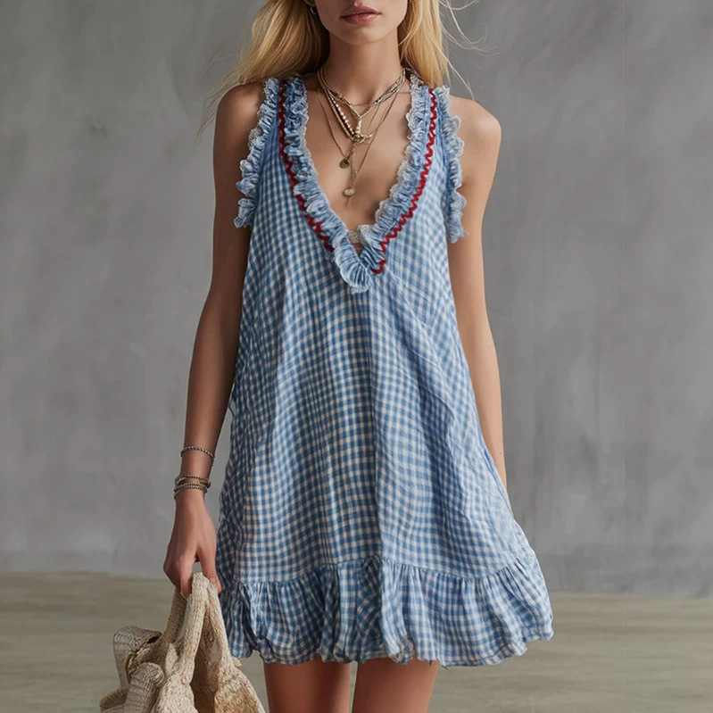 Blue Plaid Ruffle V-Neck Mini Dress