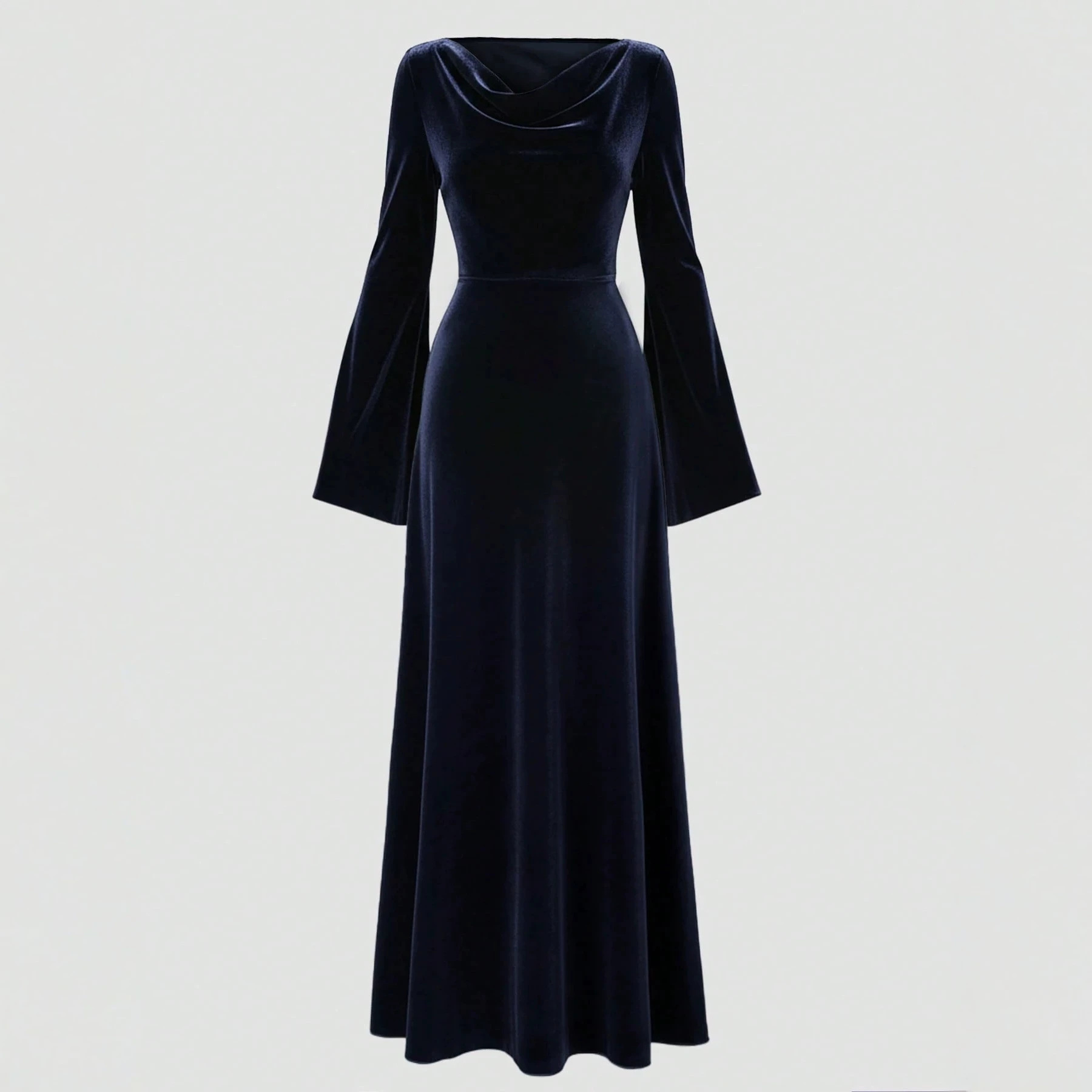 Velvet Waist-Cinching Flare-Sleeve Long Dress