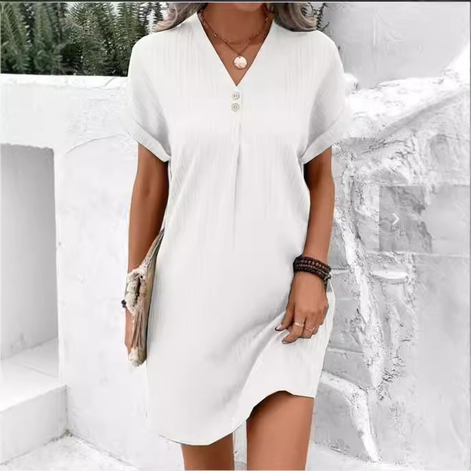 Women's Solid Color V-Neck Button A-Line Midi Dress Short Sleeve Casual