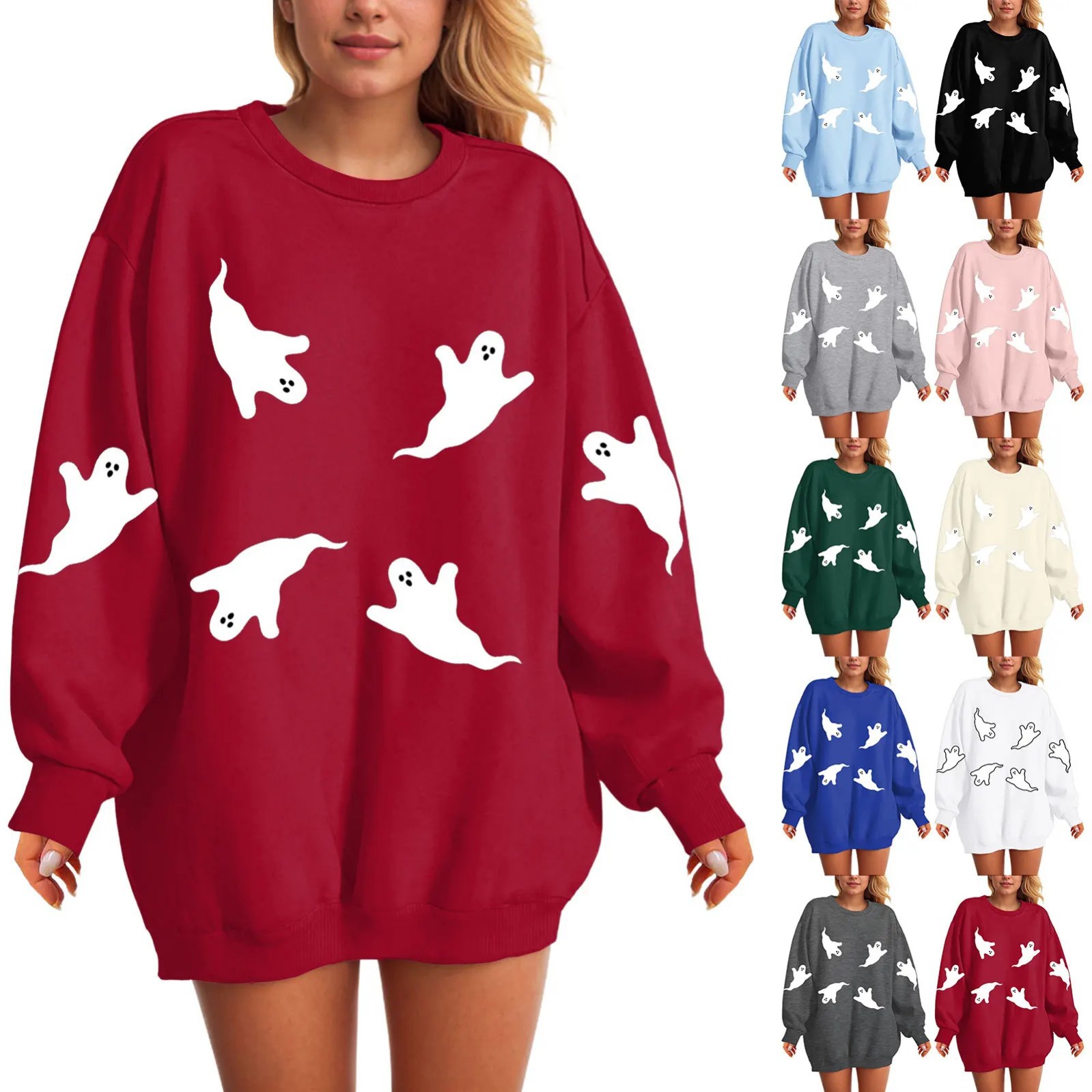 Women's Solid Color Halloween Ghost Crewneck Sweatshirt