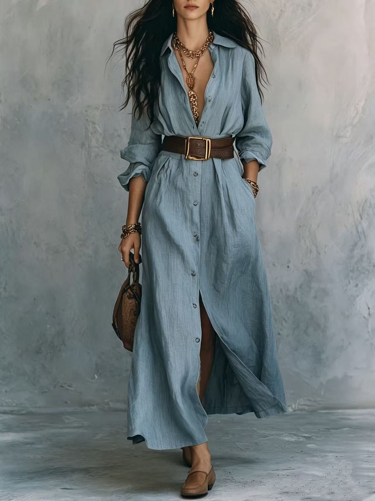 Collared Button-Front Slit Shirt Dress with Wide Belt