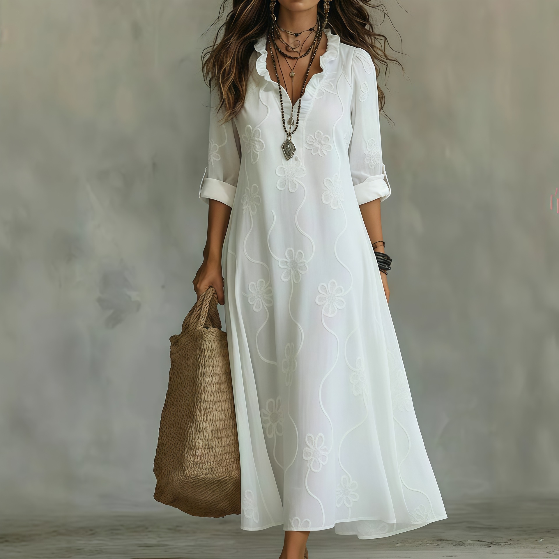 3D Digital Print Long Sleeve Plus Size A-Line Dress
