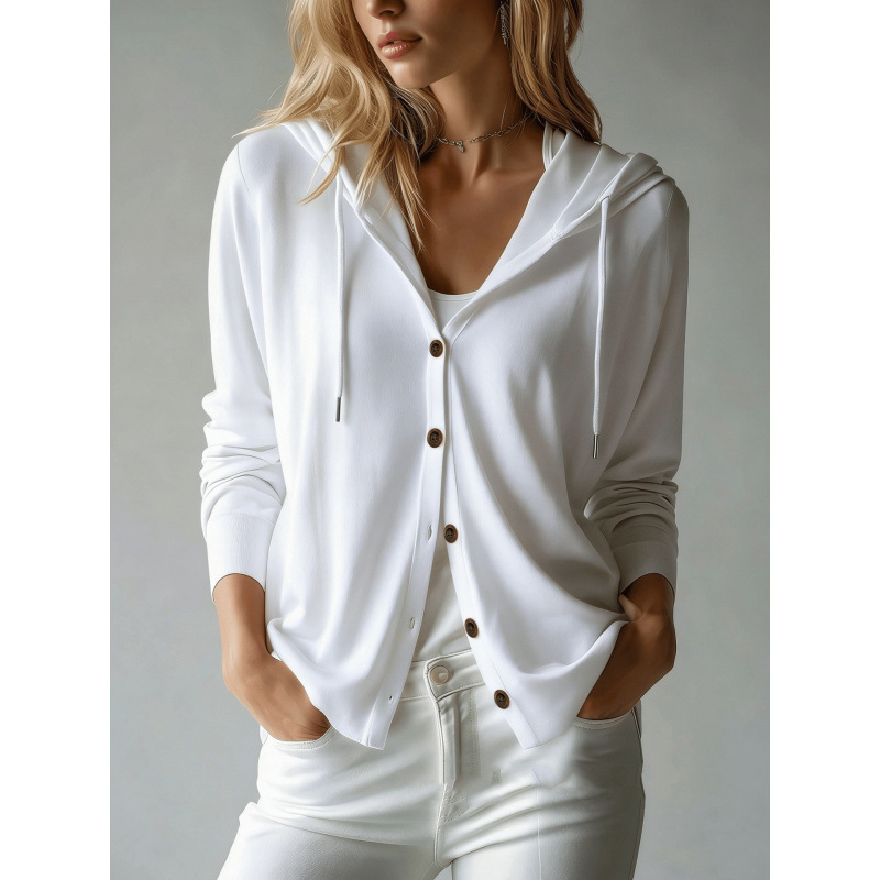Women's Hooded Knit Cardigan Solid Color Long Sleeve Lightweight Loose Fit