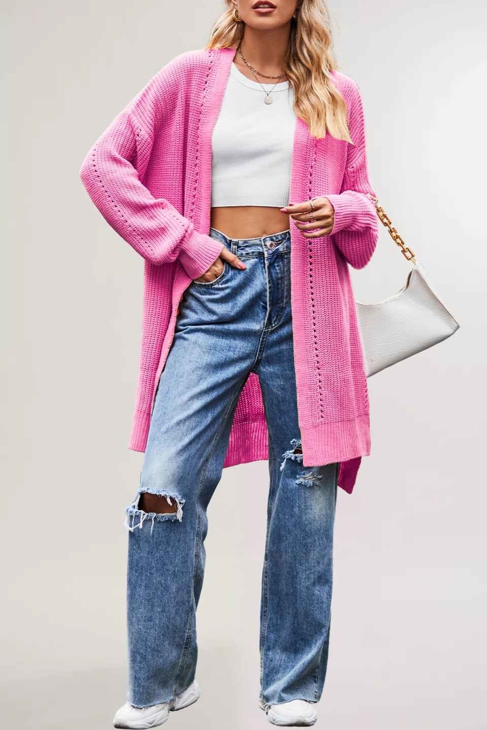 Women's Solid Color Loose Knit Cardigan with Pockets