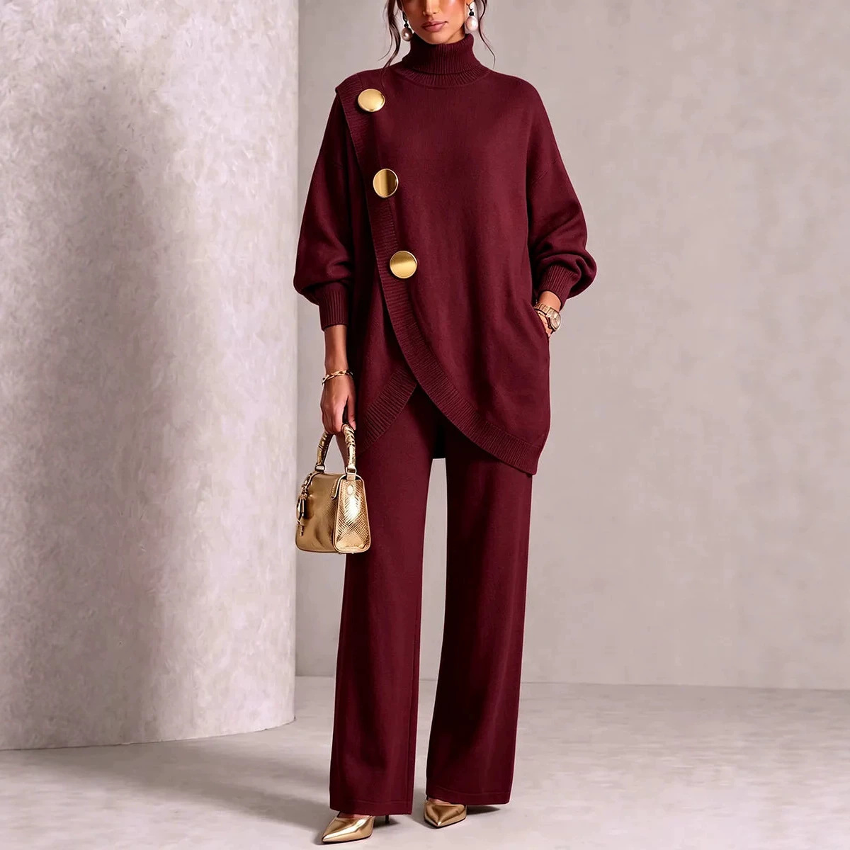 Women's Solid Color Loose Knit Asymmetric Button Two-Piece Set