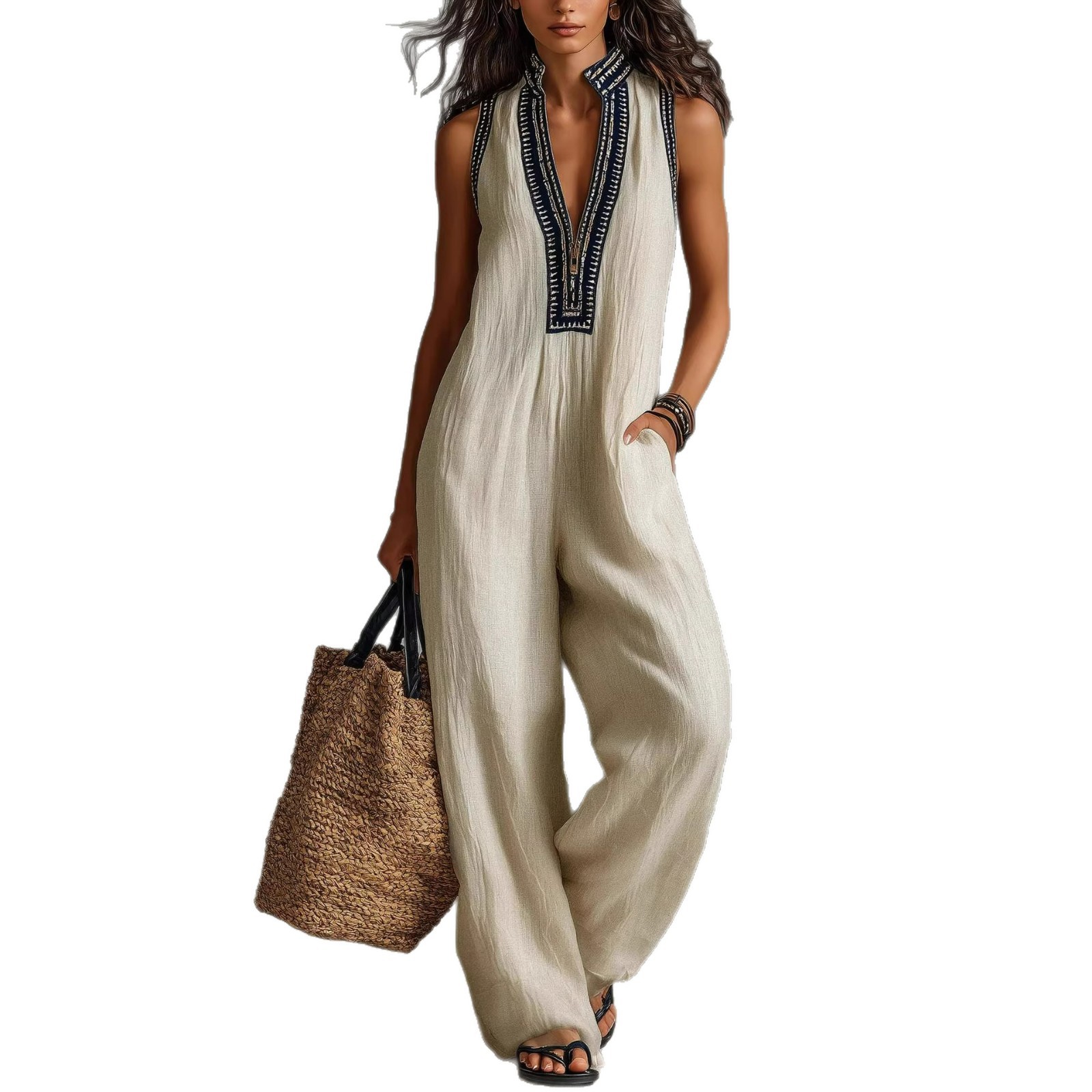 Women's Sleeveless Linen-Blend Jumpsuit with Zip Stand Collar and Embroidery