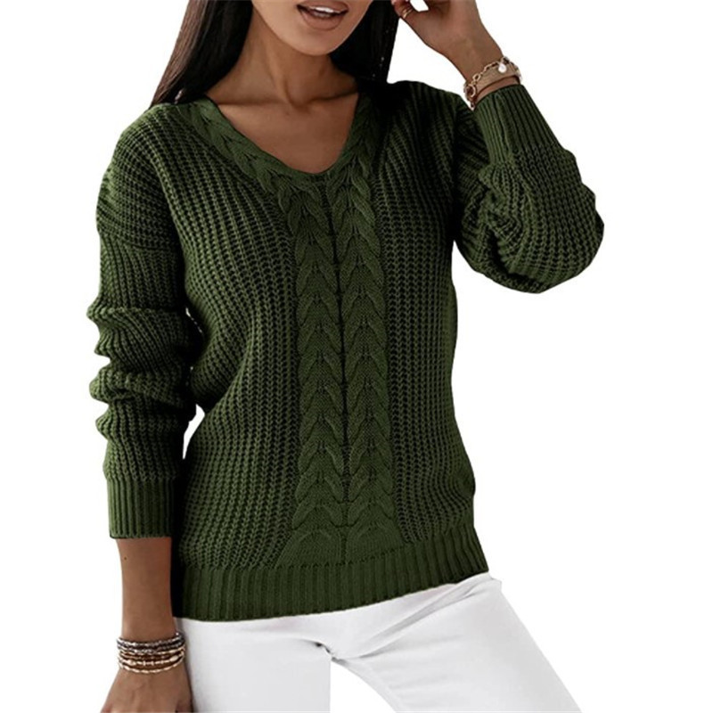 Women's V-Neck Cable Knit Pullover Sweater Long Sleeve Solid Color