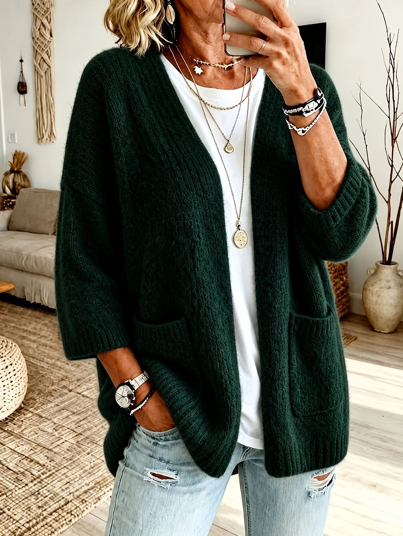 Soft Solid Knit Cardigan with Dual Pockets, Open Front, Long Sleeve