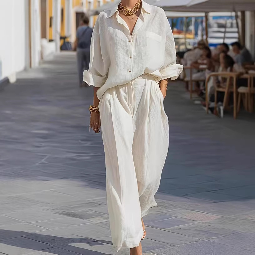 Women's Casual Lapel Long Sleeve Shirt and Pants Set Minimalist Commuter