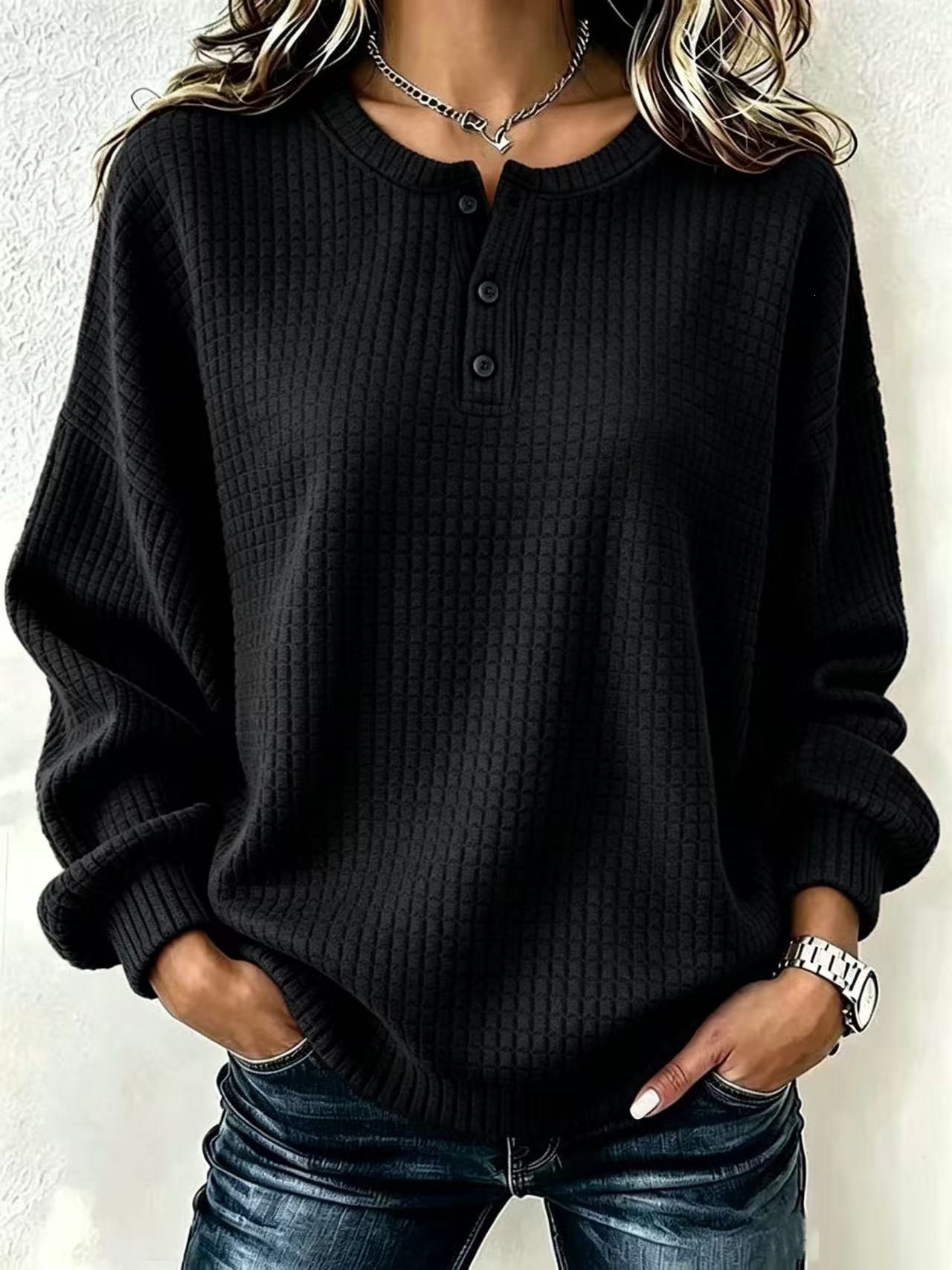 Women's Plaid Crewneck Button Long-Sleeve Sweatshirt