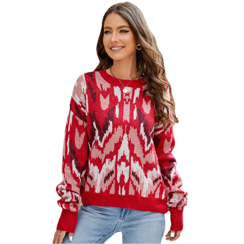 Retro Color-Block Jacquard Pullover Sweater Women Loose Long Sleeve Knit Top