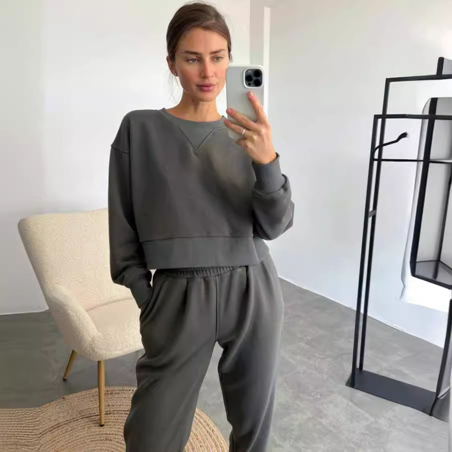 Women's Solid Color Long Sleeve Two-Piece Pants Set Casual