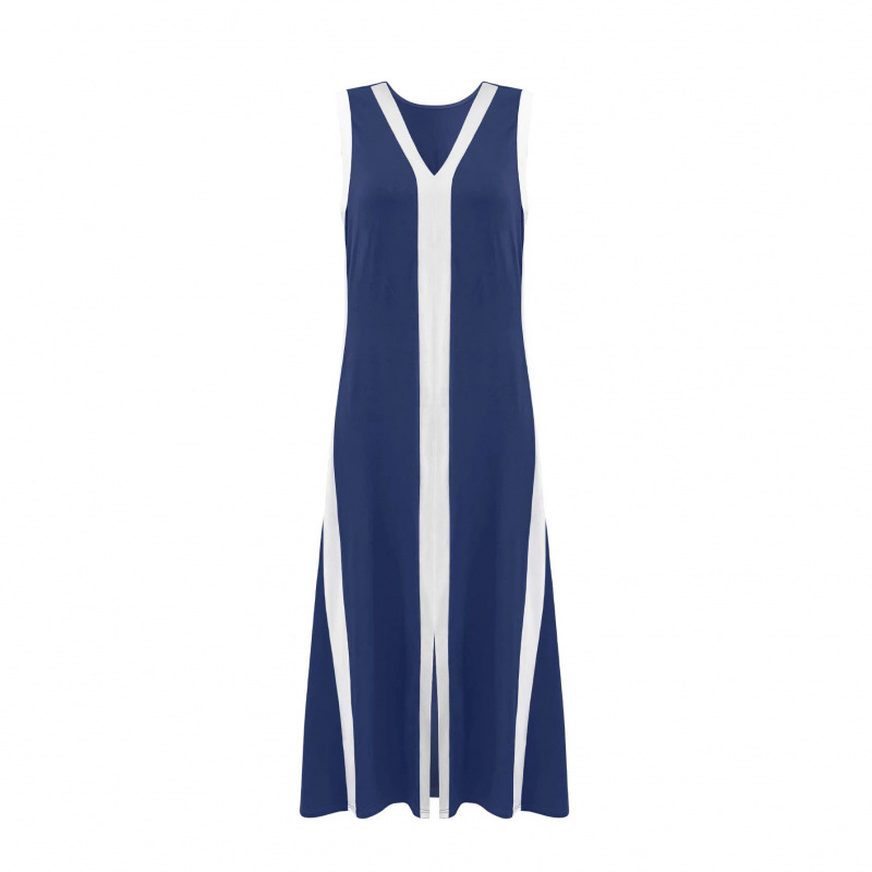 Blue & White Colorblock Sleeveless V-Neck Midi Dress Loose Casual Split