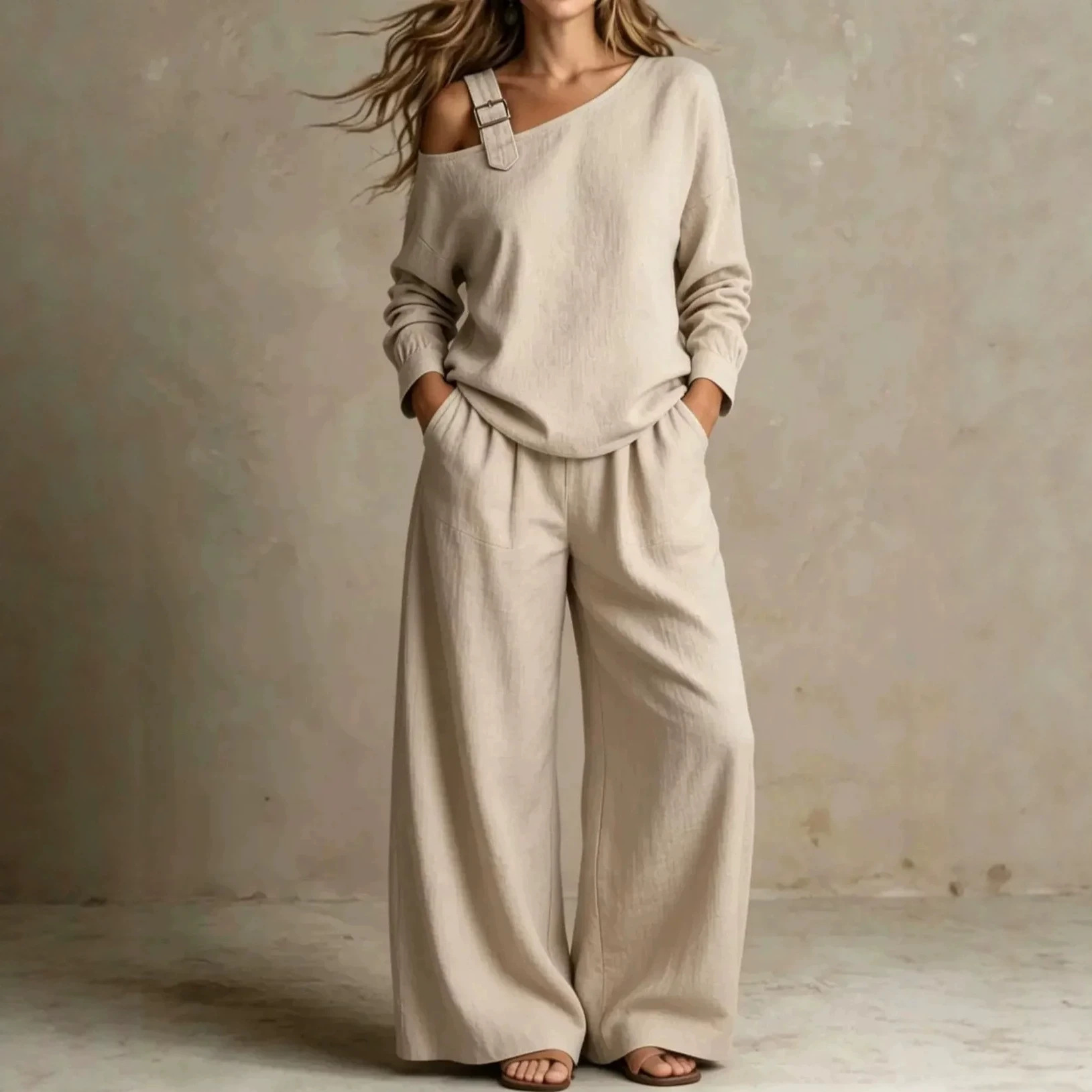 Women's Casual Loose One-Shoulder Linen-Blend Two-Piece Set