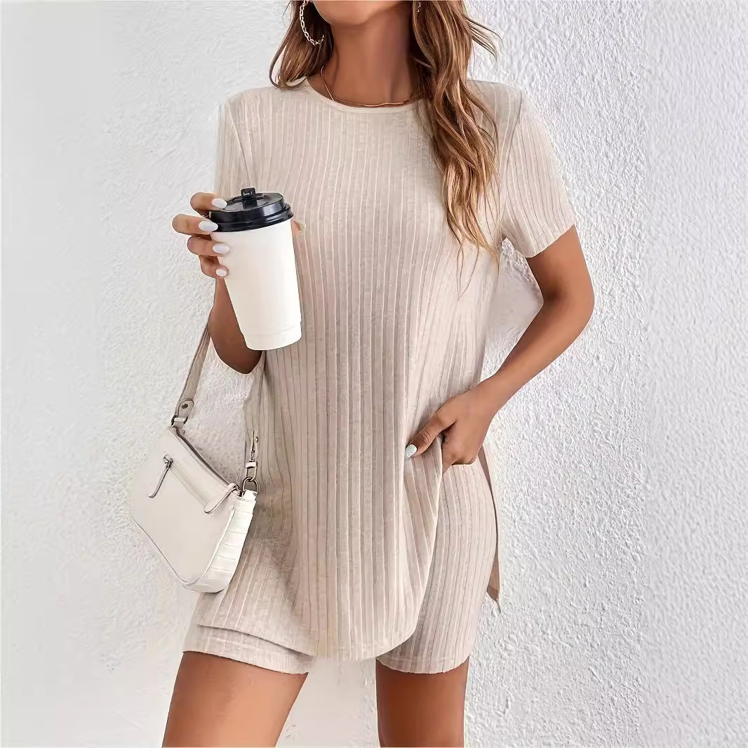 Women's Solid Color Round Neck Split Short Sleeve Shorts Loungewear Set