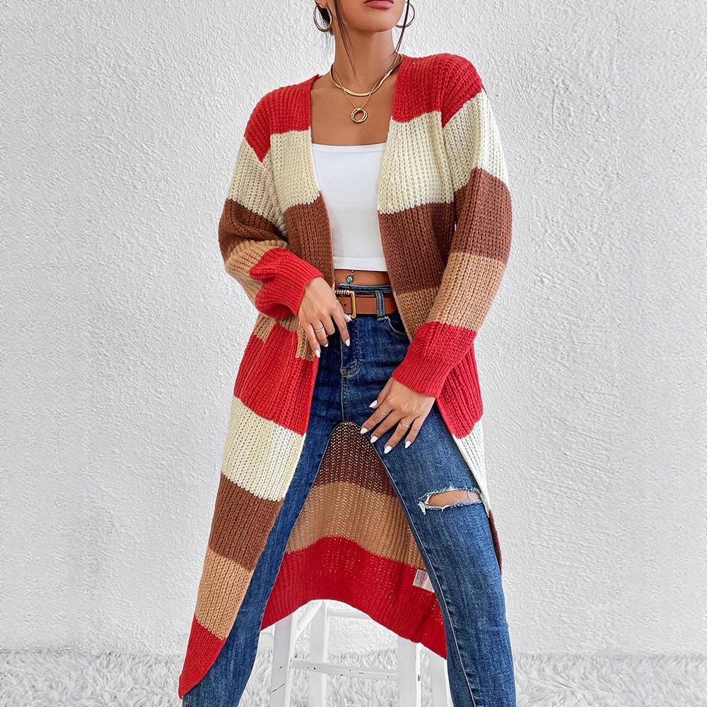 Women's Color-Block Striped Knit Long Cardigan Sweater Coat