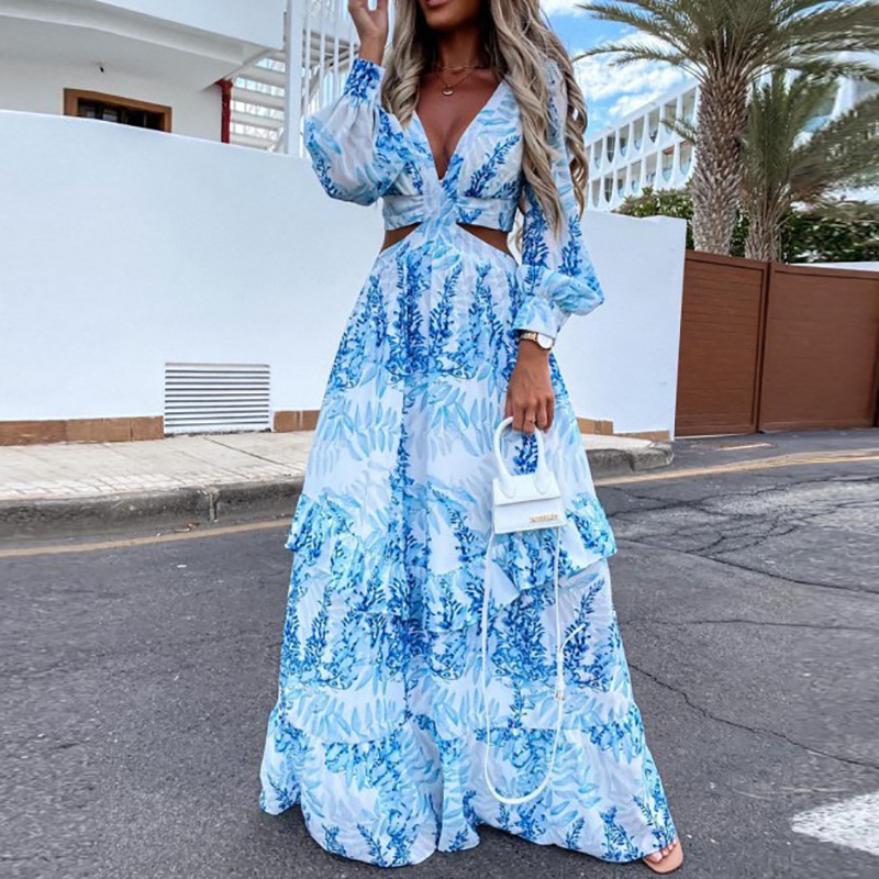French-Style Floral Print Patchwork Slim-Fit Long Dress