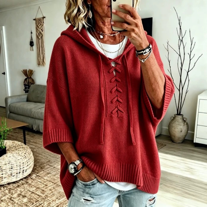 Lace-Up Hooded 3/4 Sleeve Knit Sweater Loose Pullover Top