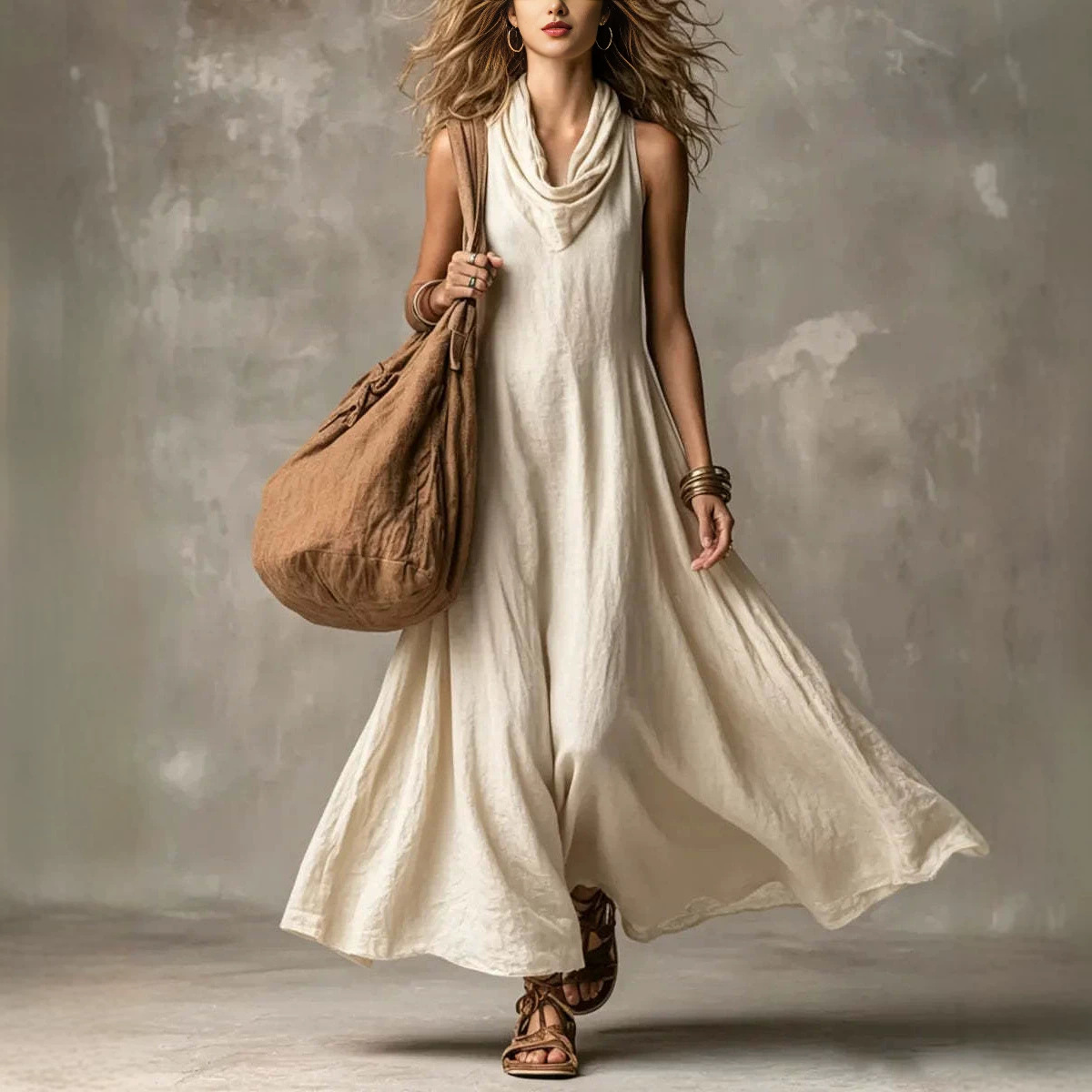 Women's Sleeveless Cowl Neck A-Line Maxi Dress Loose Fit