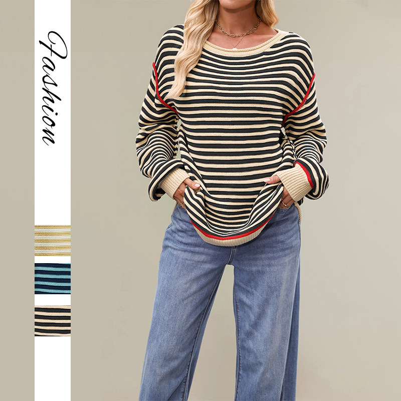 Striped Crewneck Pullover Sweater Loose Long Sleeve