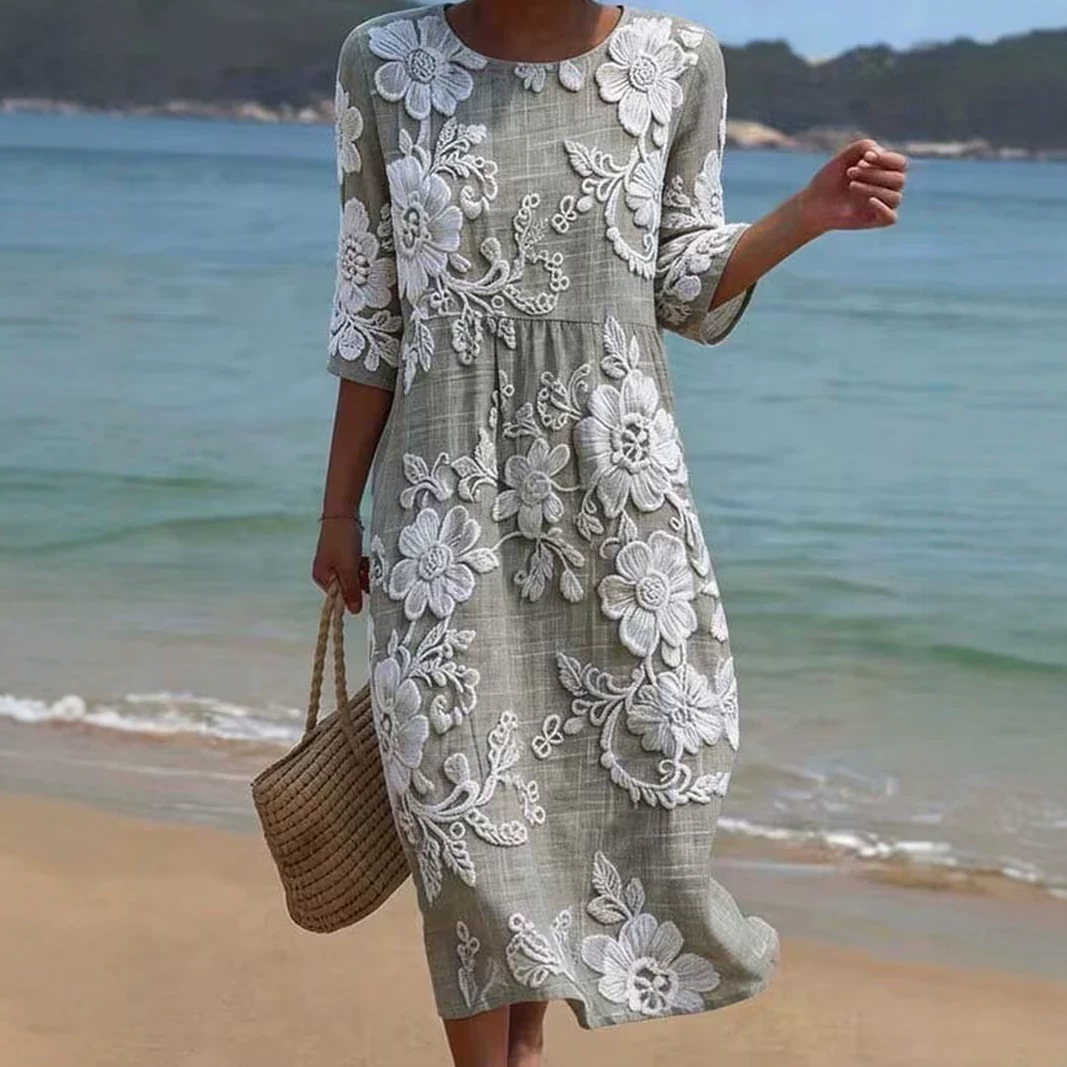 Women's Vintage Floral Print Pleated Midi Dress